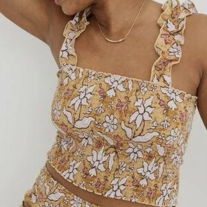 aerie Mustard Floral Smocked Ruffle Strap Crop Top Size S/P NWT